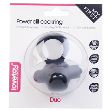 Lovetoy Power Duo Clit Cockring, черное - Эрекционное кольцо с 10 режимами вибрации и петлей для мошонки - купить в секс шопе Lovetoy Power Duo Clit Cockring, черное - Эрекционное кольцо с 10 режимами вибрации и петлей для мошонки - купить в секс шопе