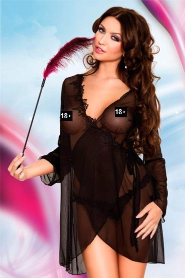 Soft Line комплект, черный, Пеньюар назапах и стринги Soft Line комплект, черный, Пеньюар назапах и стринги