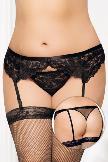 Soft Line Пояс для чулок и стринги, черные, Кружевные, с полупрозрачной вставкой на трусиках Soft Line Пояс для чулок и стринги, черные, Кружевные, с полупрозрачной вставкой на трусиках