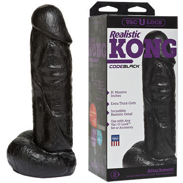 Doc Johnson Vac-U-Lock CodeBlack Realistic Kong, Реалистичная насадка с мошонкой к трусикам Doc Johnson Vac-U-Lock CodeBlack Realistic Kong, Реалистичная насадка с мошонкой к трусикам