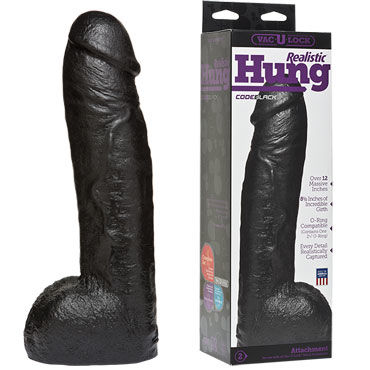 Doc Johnson Vac-U-Lock CodeBlack Realistic Hung, Реалистичная насадка с мошонкой к трусикам Doc Johnson Vac-U-Lock CodeBlack Realistic Hung, Реалистичная насадка с мошонкой к трусикам