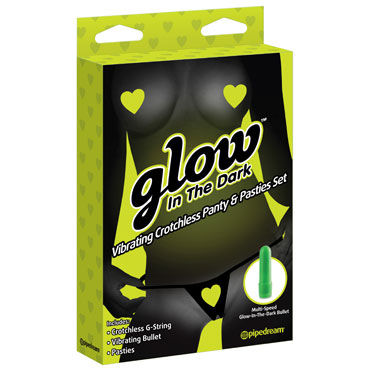 Pipedream Glow In The Dark Vibrating Crotchless Panty and Pasties, сердечки, Трусики с вибропулей и пестисы, светятся в темноте Pipedream Glow In The Dark Vibrating Crotchless Panty and Pasties, сердечки, Трусики с вибропулей и пестисы, светятся в темноте