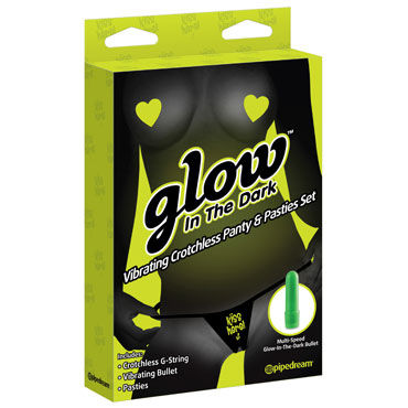 Pipedream Glow In The Dark Vibrating Crotchless Panty and Pasties, Kiss Here, Трусики с вибропуле и пестисы, светятся в темноте Pipedream Glow In The Dark Vibrating Crotchless Panty and Pasties, Kiss Here, Трусики с вибропуле и пестисы, светятся в темноте
