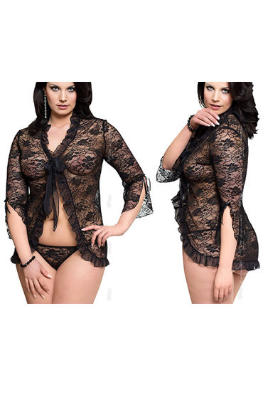 Soft Line Emilie, черный - Кружевной пеньюар и стринги - купить в секс шопе Soft Line Emilie, черный - Кружевной пеньюар и стринги - купить в секс шопе
