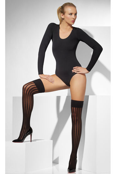 Fever Sheer Hold-Ups with Vertical Stripes, черные, Чулки на резинке с вертикальными полосами Fever Sheer Hold-Ups with Vertical Stripes, черные, Чулки на резинке с вертикальными полосами