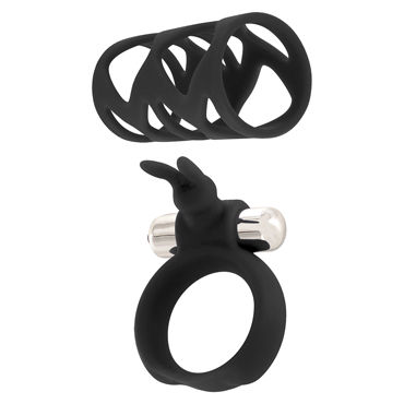 Toy Joy Tickler Bunny Ring Set, черный, Набор из насадки и виброкольца на пенис Toy Joy Tickler Bunny Ring Set, черный, Набор из насадки и виброкольца на пенис