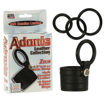 California Exotic Adonis Leather Collection, Сбруя на пенис с петлей для мошонки и три эрекционных кольца California Exotic Adonis Leather Collection, Сбруя на пенис с петлей для мошонки и три эрекционных кольца