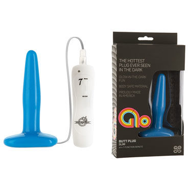 Doc Johnson GLO Vibrating Slim, синяя, Анальная пробка с вибрацией, светящаяся в темноте Doc Johnson GLO Vibrating Slim, синяя, Анальная пробка с вибрацией, светящаяся в темноте