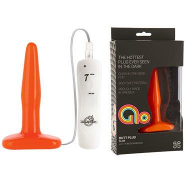 Doc Johnson GLO Vibrating Slim, оранжевая, Анальная пробка с вибрацией, светящаяся в темноте Doc Johnson GLO Vibrating Slim, оранжевая, Анальная пробка с вибрацией, светящаяся в темноте