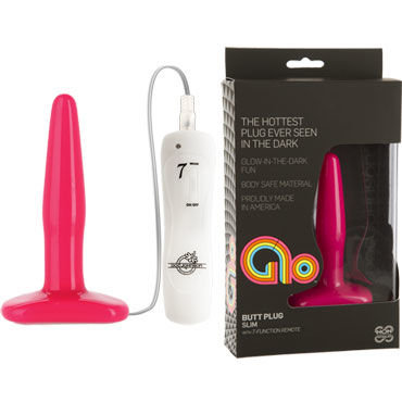 Doc Johnson GLO Vibrating Slim, розовая, Анальная пробка с вибрацией, светящаяся в темноте Doc Johnson GLO Vibrating Slim, розовая, Анальная пробка с вибрацией, светящаяся в темноте