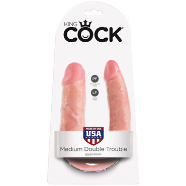 Pipedream King Cock U-Shaped Medium Double Trouble, телесный, Анально-вагинальный фаллоимитатор среднего размера Pipedream King Cock U-Shaped Medium Double Trouble, телесный, Анально-вагинальный фаллоимитатор среднего размера
