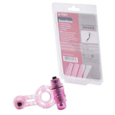 X-Toy Duovibrus II, розовое, Эрекционное кольцо с двумя виброэлементами и петлей для мошонки X-Toy Duovibrus II, розовое, Эрекционное кольцо с двумя виброэлементами и петлей для мошонки
