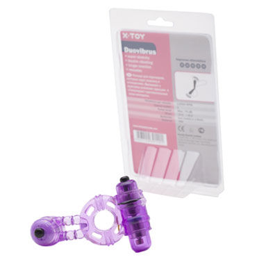 X-Toy Duovibrus II, фиолетовое, Эрекционное кольцо с двумя виброэлементами и петлей для мошонки X-Toy Duovibrus II, фиолетовое, Эрекционное кольцо с двумя виброэлементами и петлей для мошонки