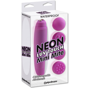 Pipedream Mini Mite фиолетовый, Вибратор с четырьмя насадками Pipedream Mini Mite фиолетовый, Вибратор с четырьмя насадками