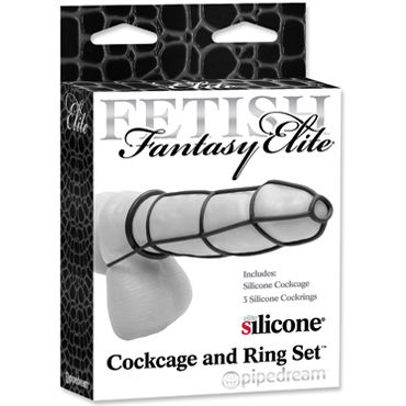 Pipedream Cockcage and Ring Set, черный, Эрекционные кольца и насадка-клетка Pipedream Cockcage and Ring Set, черный, Эрекционные кольца и насадка-клетка