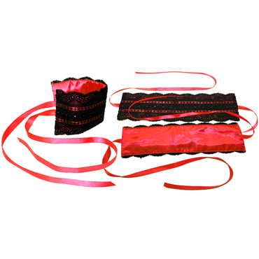 Sportsheets Satin And Lace Lovers Kit, красно-черные Сатиновые наручники и маска