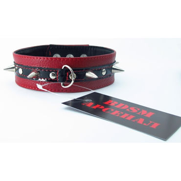 BDSM Арсенал ошейник с кольцом для поводка, красно-черный Декорирован шипами